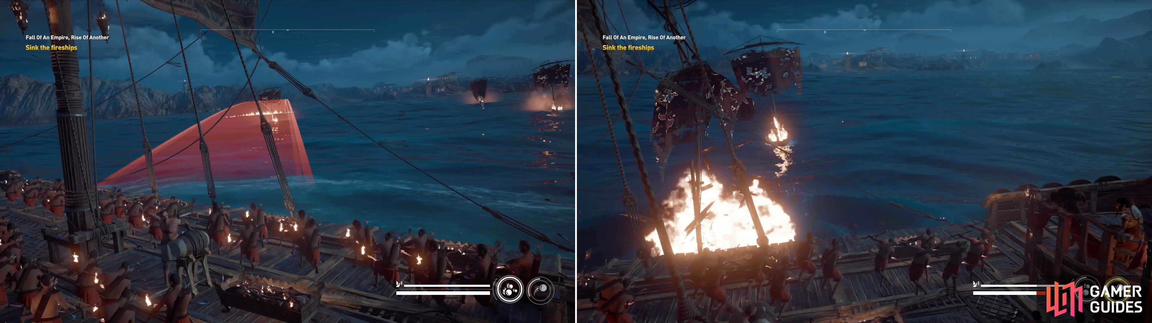 Fire ships are weak, if you aim well and remain calm you can easily dispatch them on at a time (left). If you let one get too close, however, they deal significant damage (right).