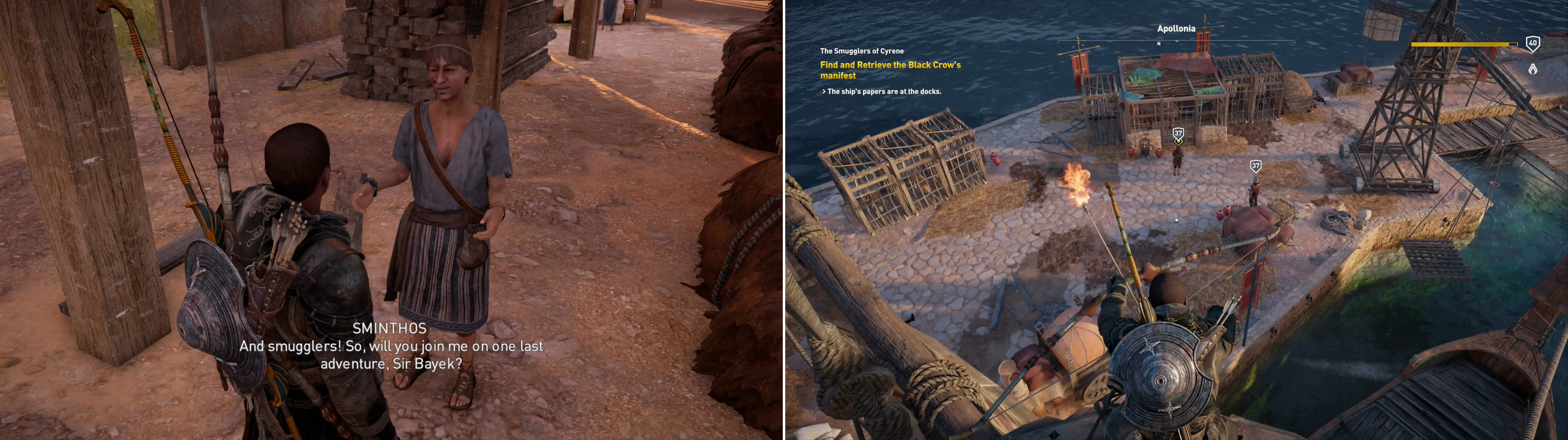 Find Sminthos in Apollonia, who once again gets Bayek involved in his schemes (left). the mast of a ship makes for a fine firing platform, which you can use to pick off Romans on the dock below.