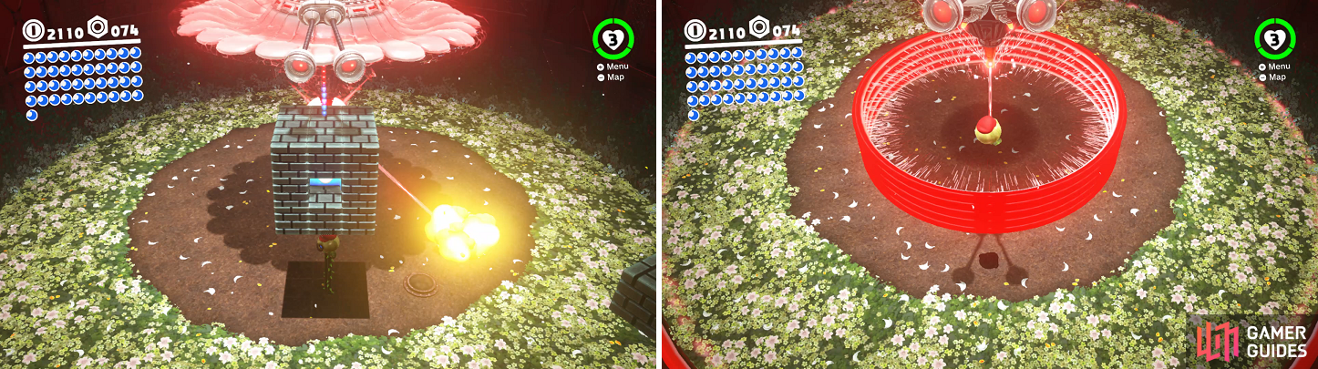 Make sure you hit the middle of the blocks to destroy them (left). You’ll need to “jump” with the Uproot to clear the shockwave rings the boss sends out (right).