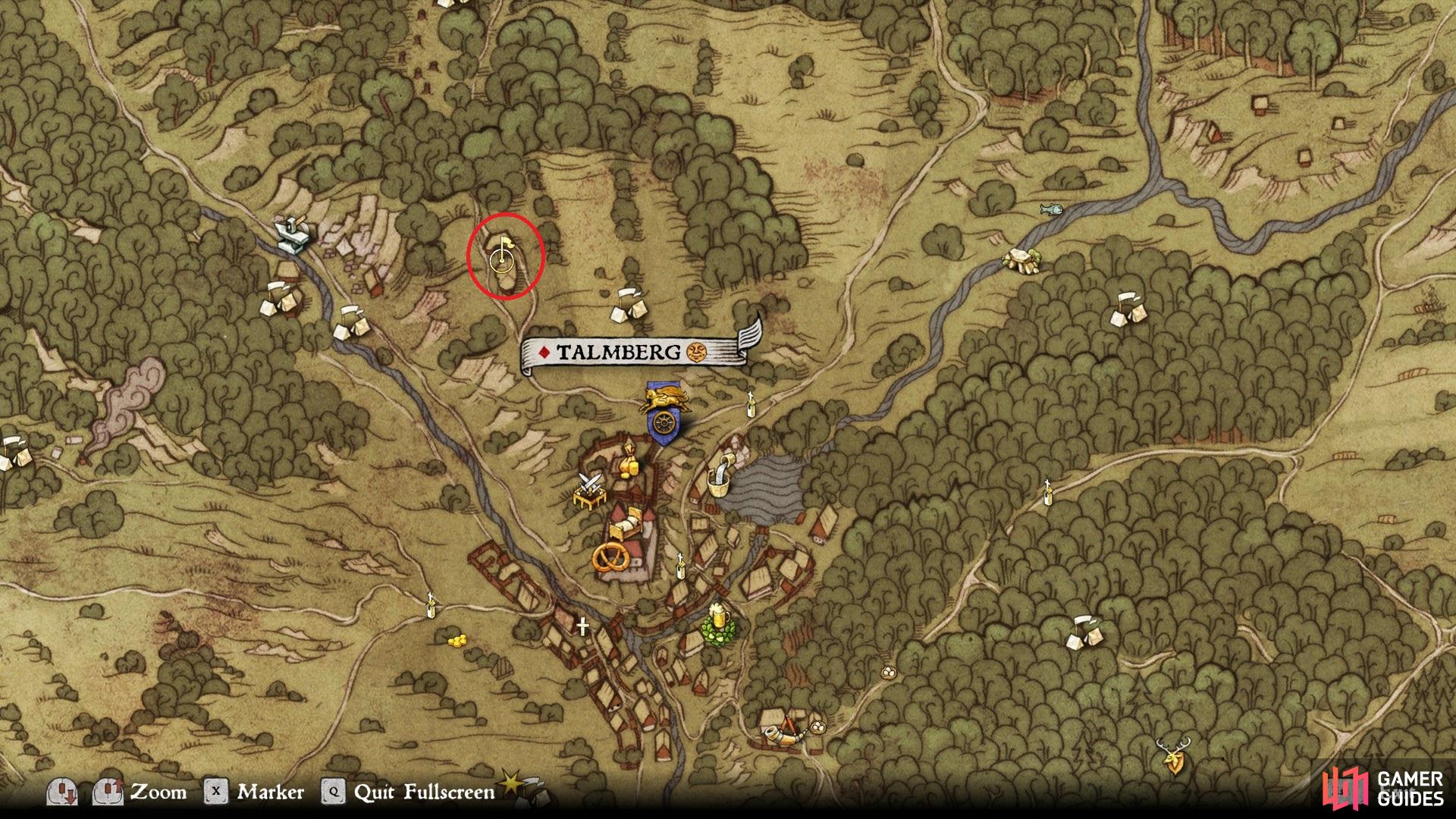 The location of the hut north of Talmberg castle where Black Lukesh can be found. 