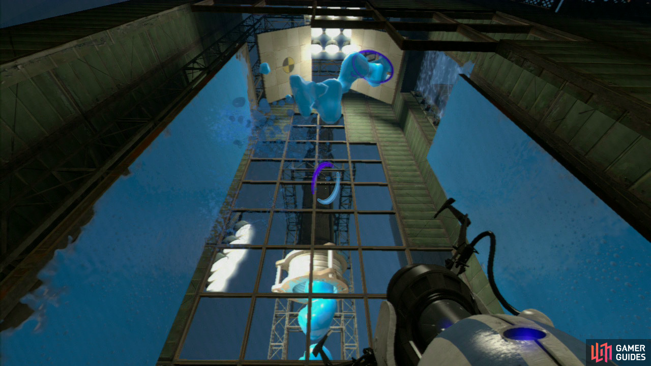 Player 1: Walk down the light bridge, through the force field and when you reach the other side, look for the floor panel just up ahead of where the light bridge finishes (directly under the repulsion gel dispenser).  Set a portal here and then look up directly above you for two slanted wall panels, place a portal on either of the slanted panels and ask player 2 to press the red button. This’ll coat the first side of the walls. Now place the portal on the other wall panel and ask player 2 to once again press the button so the next side is fully covered in gel as well.  Like before you need to bounce up the walls – Samus Aran style – until you reach the top. Turn around and peer back down at the floor panel - under the gel dispenser - and get a portal back down here.