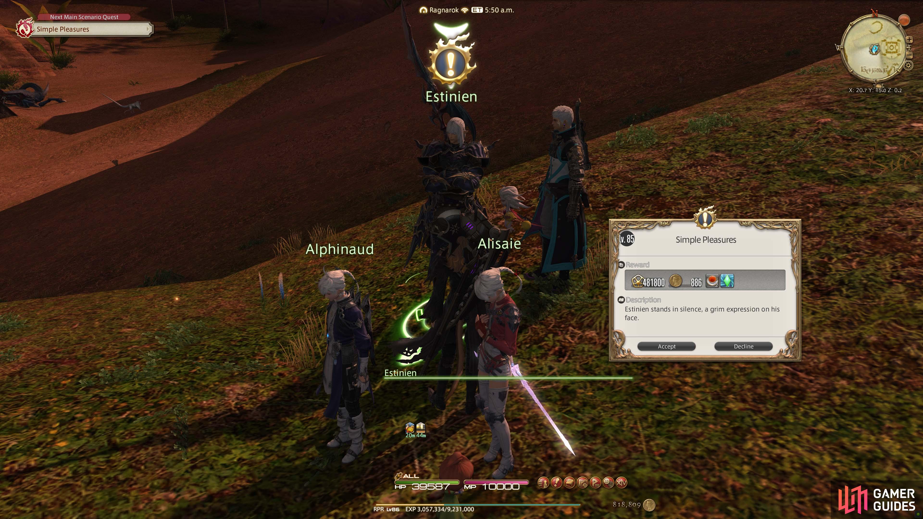 Simple Pleasures Quest NPC is Estinien.