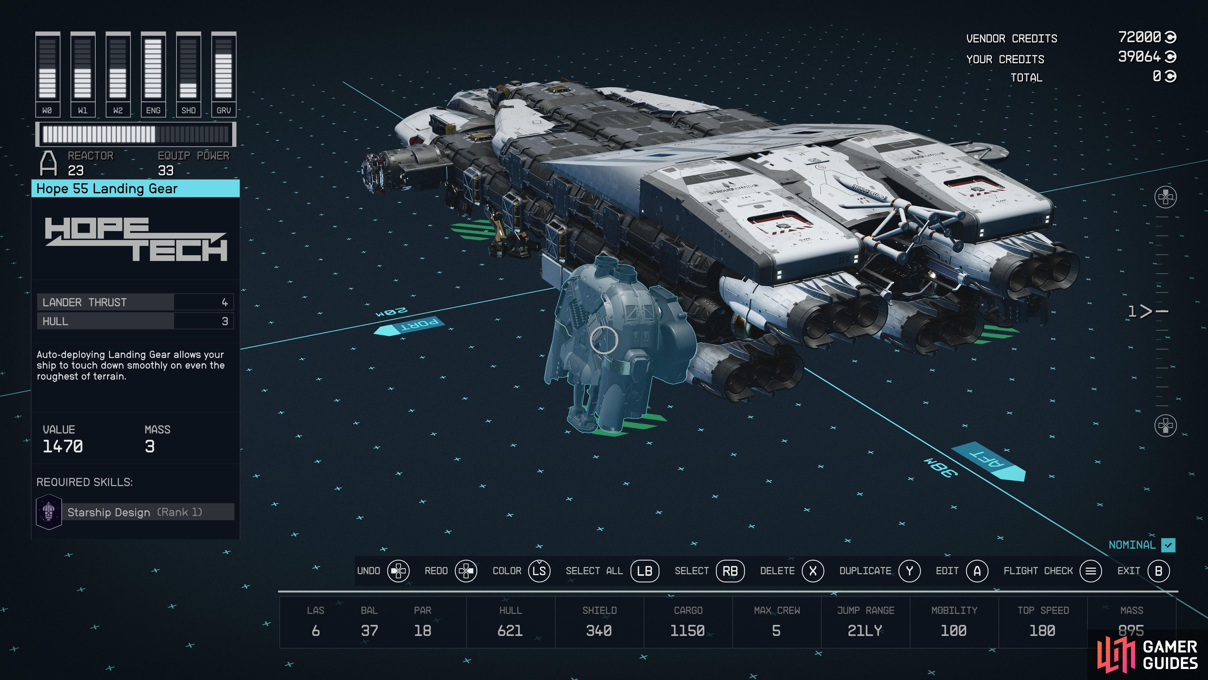 Landing gear is a bit of a niche consideration, but you need one point of lander thrust for every 200 of ship mass.