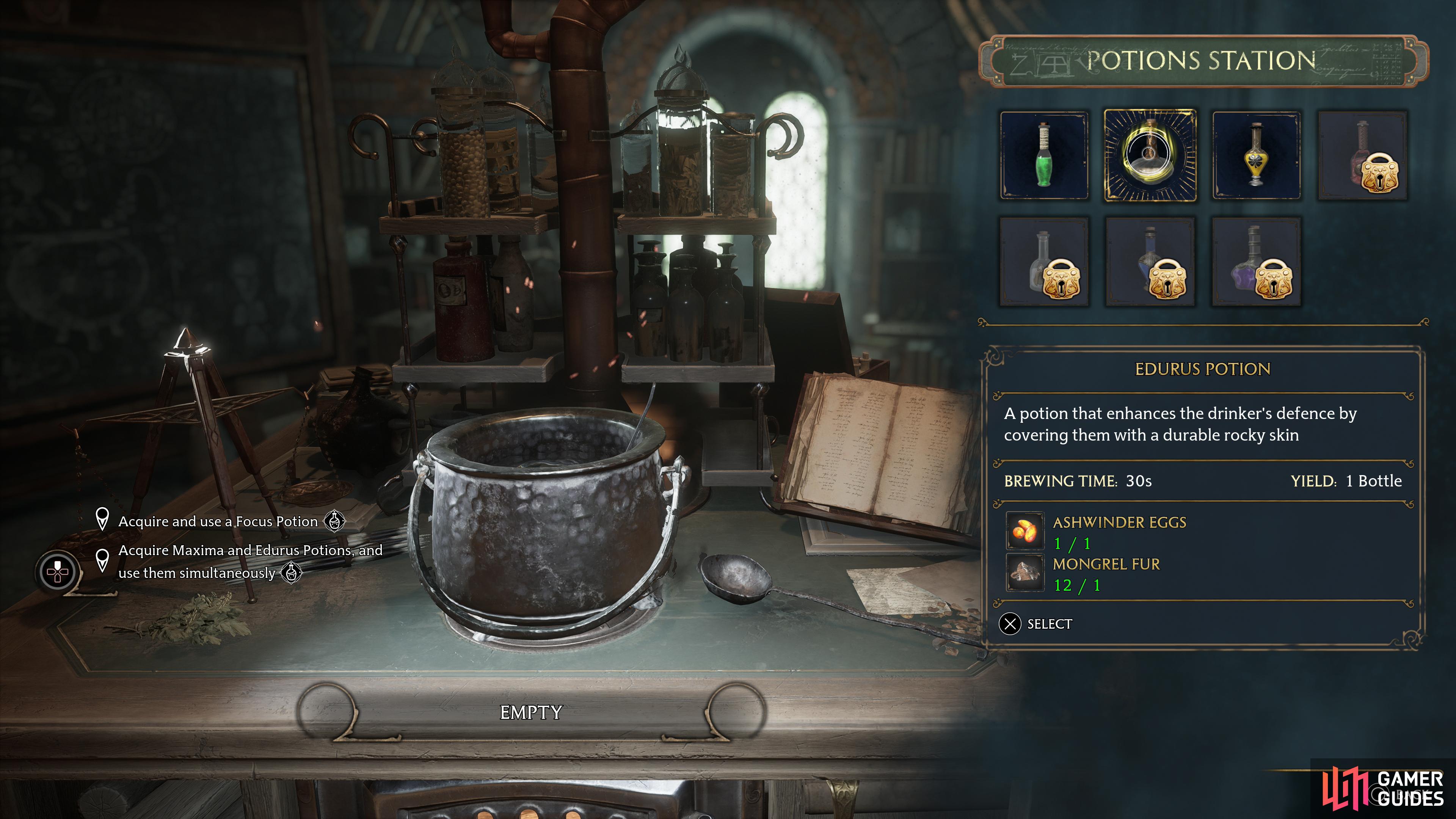 To craft an !Edurus Potion, you’ll need !Ashwinder Eggs and !Mongrel Fur.