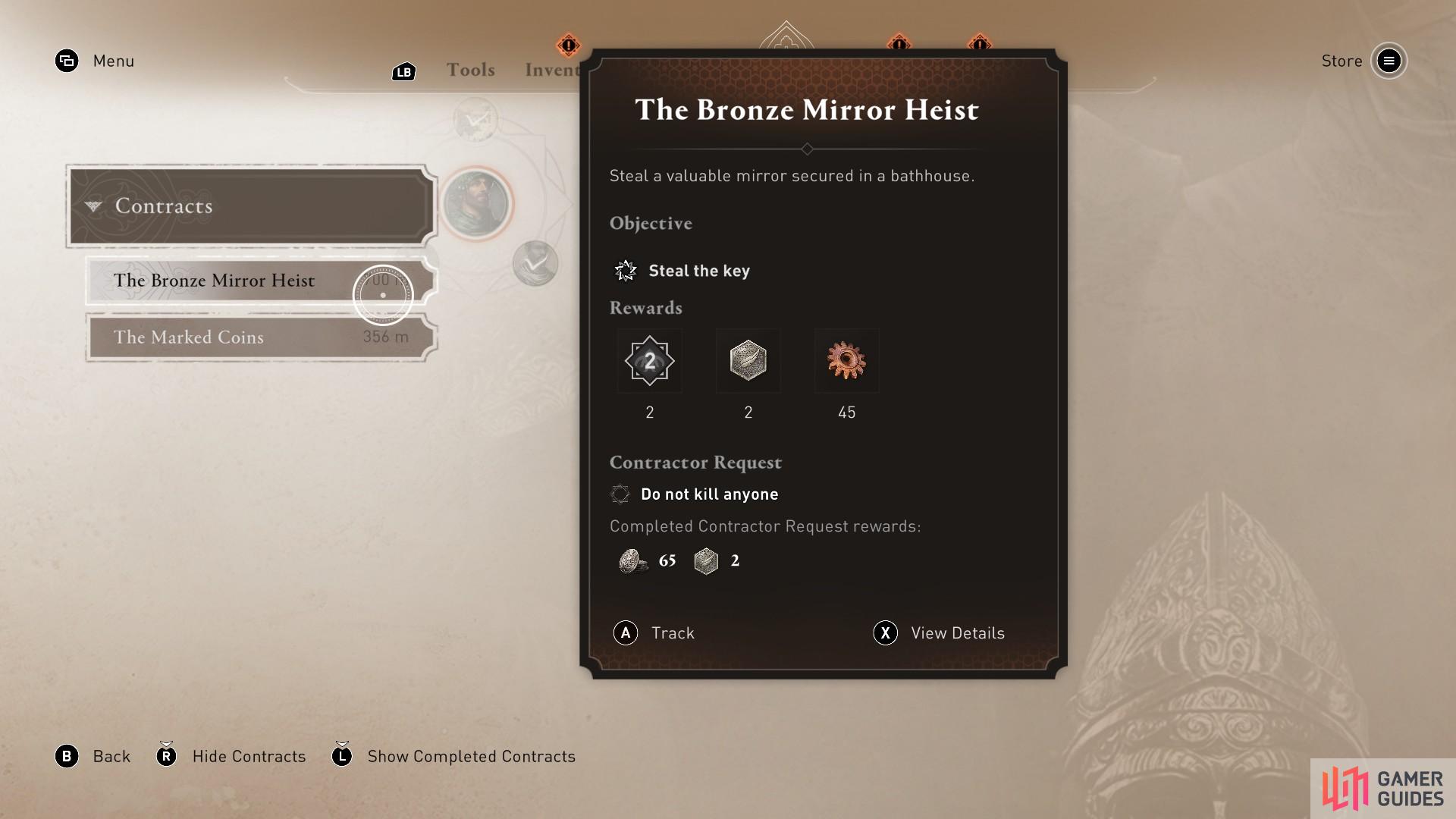 The Bronze Mirror Heist is one of the first contracts that you can pick up.