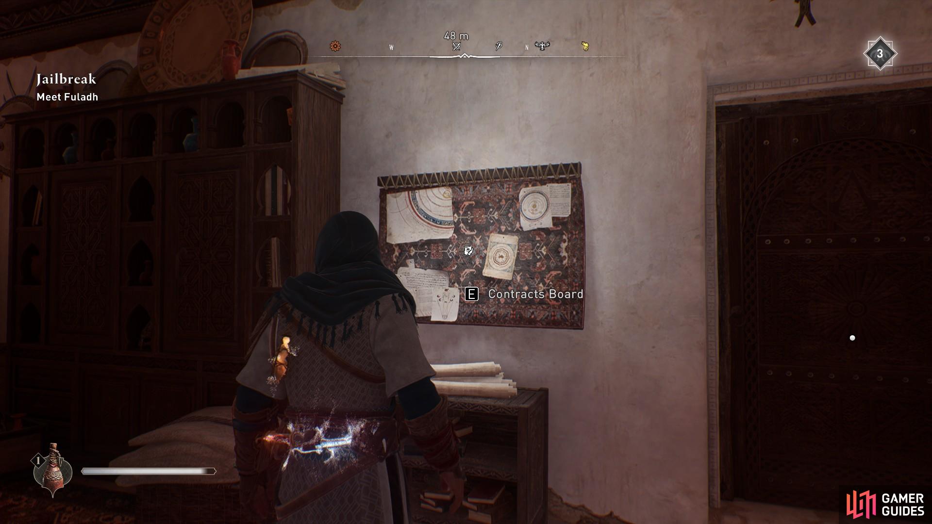 The contract board will be available in the Hidden One’s Bureau shortly into the start of the main story.