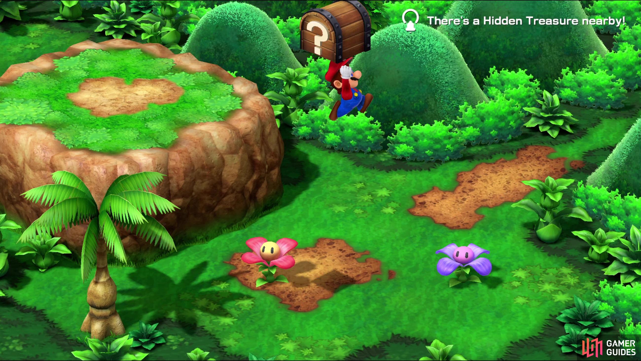 Near the end of the second screen, use a red flower to jump towards a purple flower to get this area’s lone Hidden Chest.