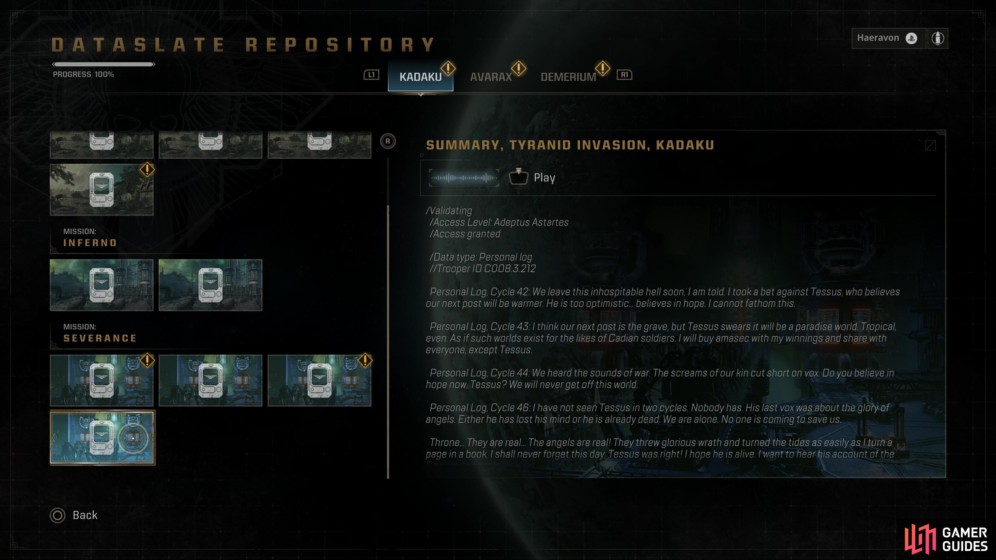 You can check your progress via the “Dataslate Repository” on the Battle Barge.