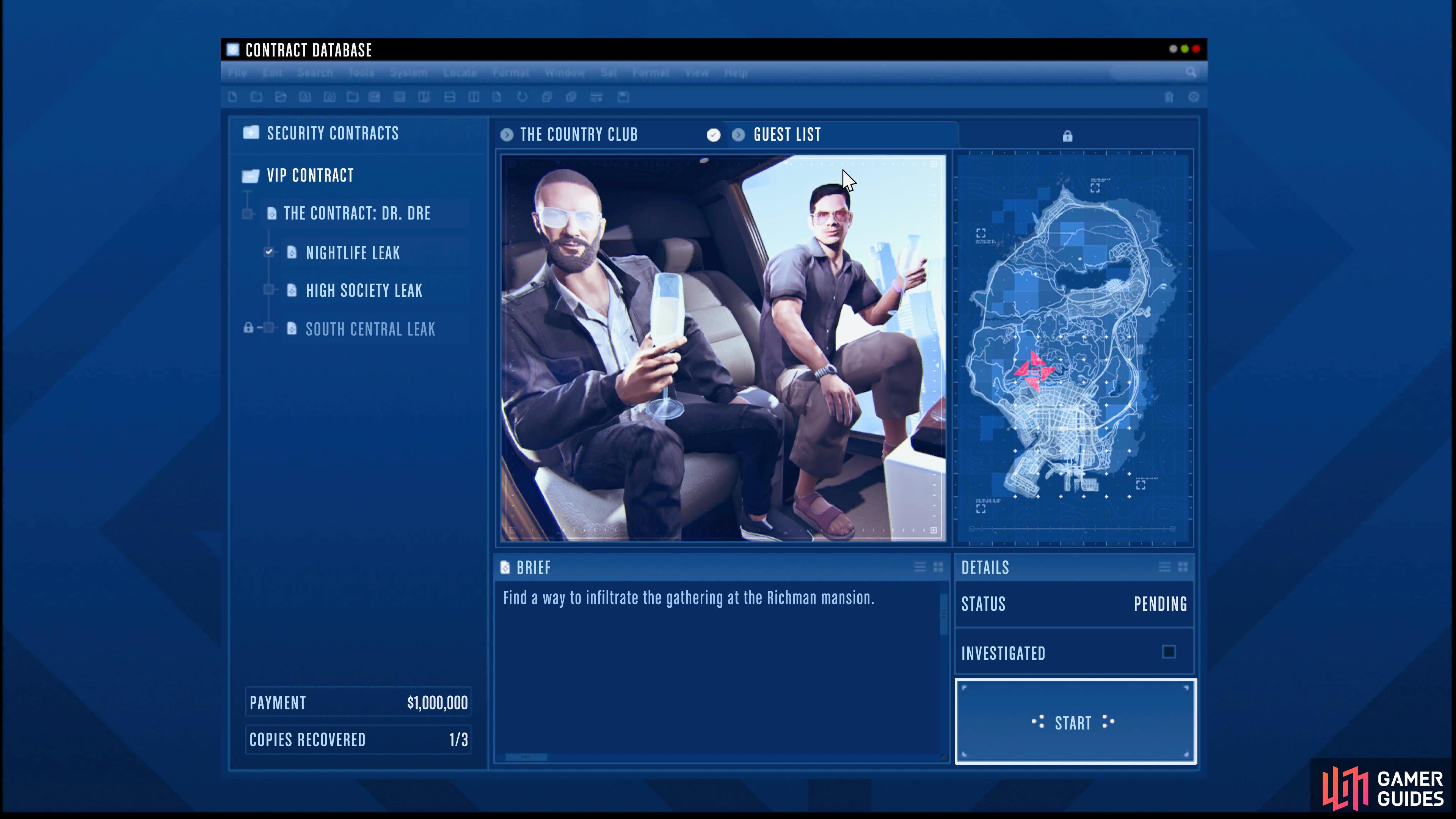 Start The Guest List Mission  from the Contract Database.