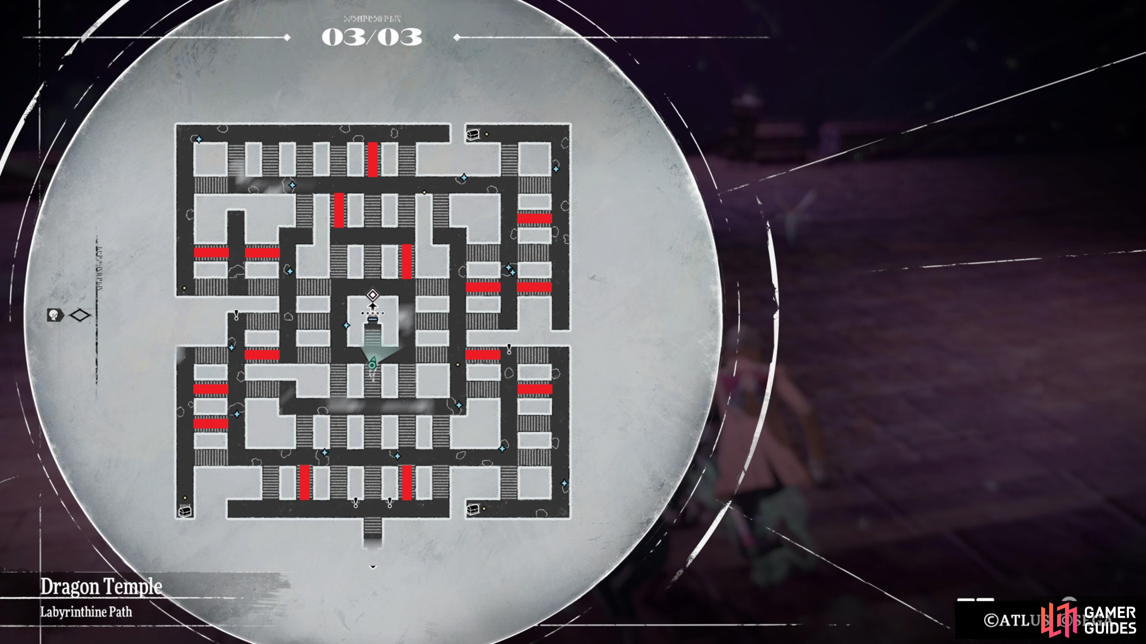 A map of the Labyrinthine Path area of the Dragon Temple, with the correct paths marked in red.