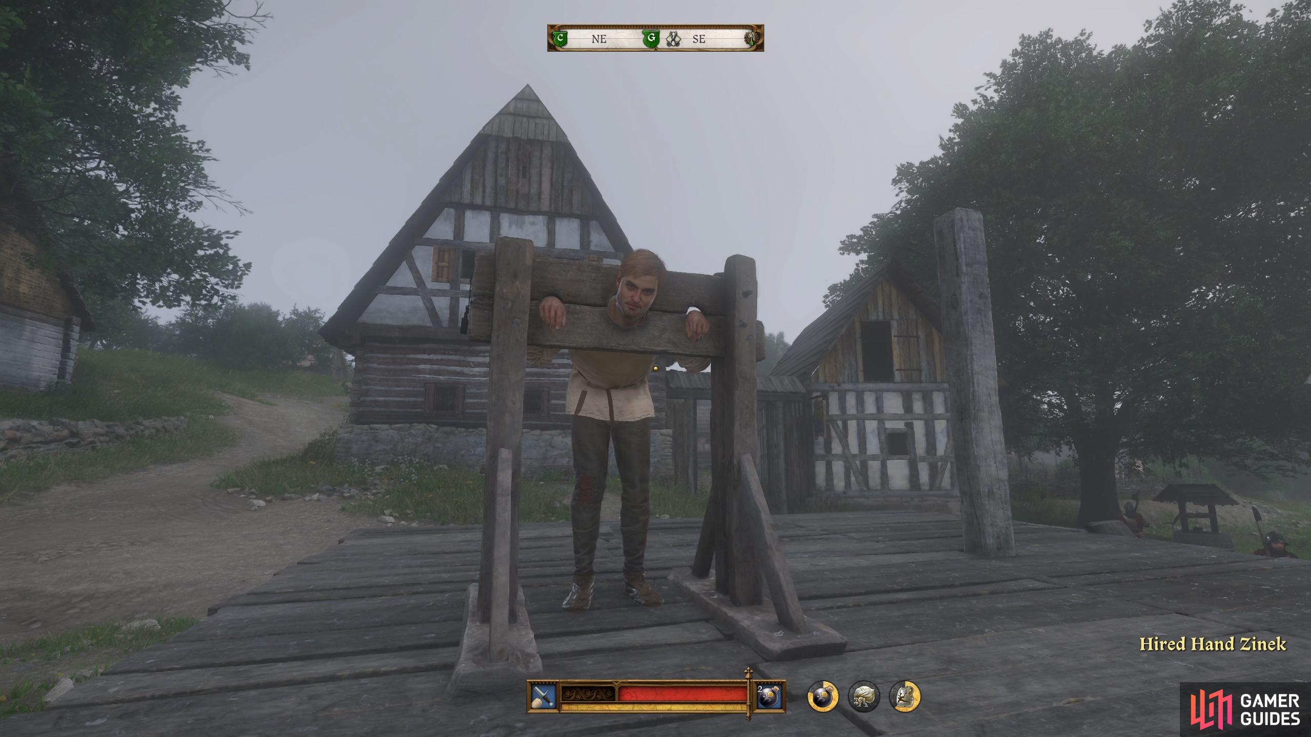 You’ll find Zinek in the pillory in the center of town. Speak to him to find out about the document.