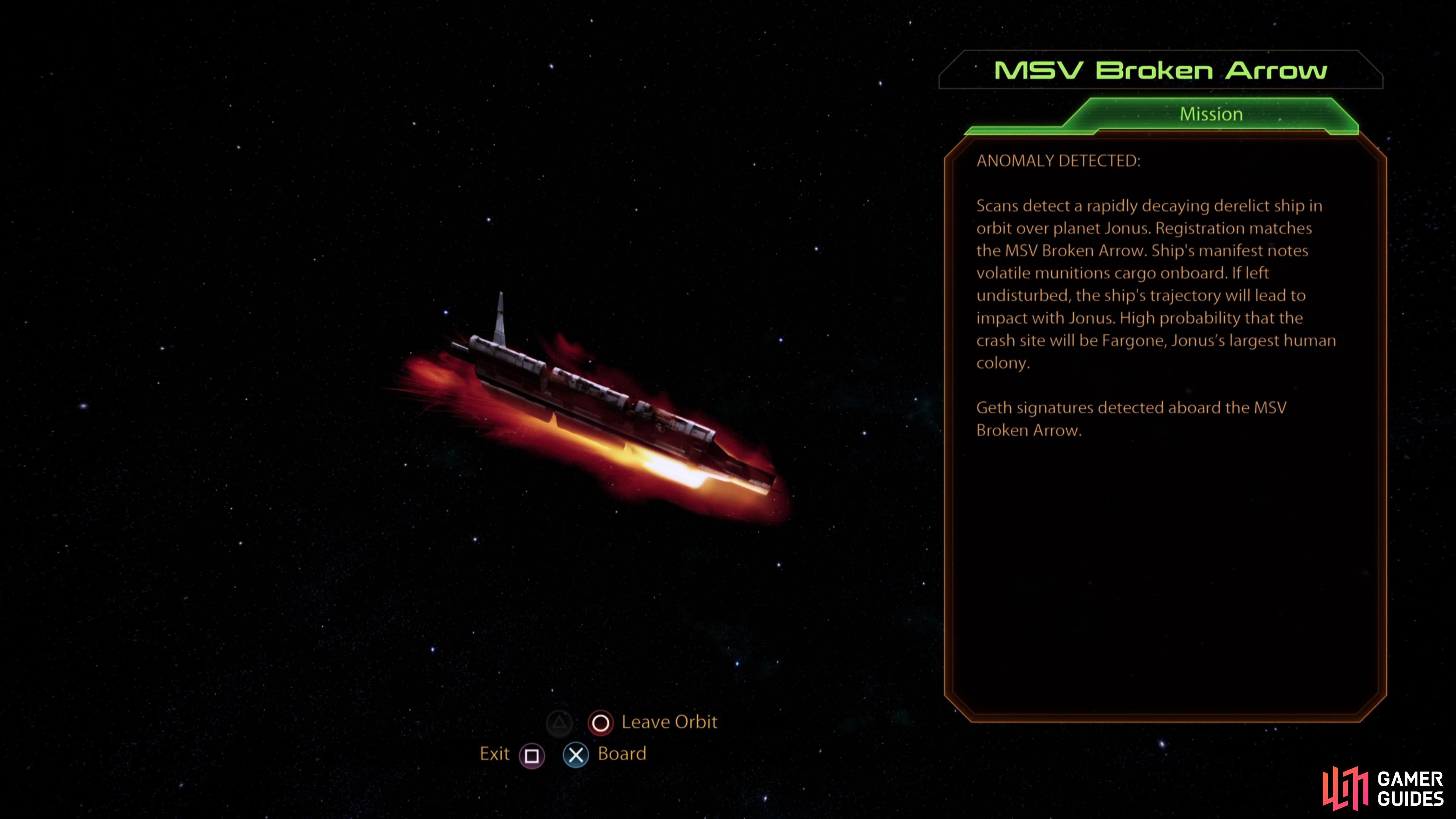 The assignment “N7: Imminent Ship Crash” takes place aboard the MSV Broken Arrow.