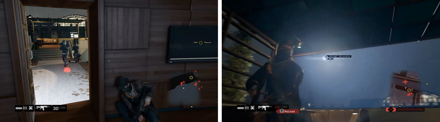 Use IED’s to stop the Enforcer (left) and Disable Helicopter to prevent the sniper inside from bothering you (right).