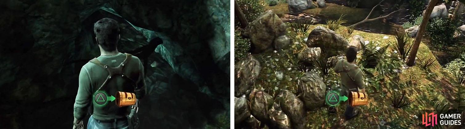 Make sure to get the treasure by the stream (left) and the one on the jungle path (right).