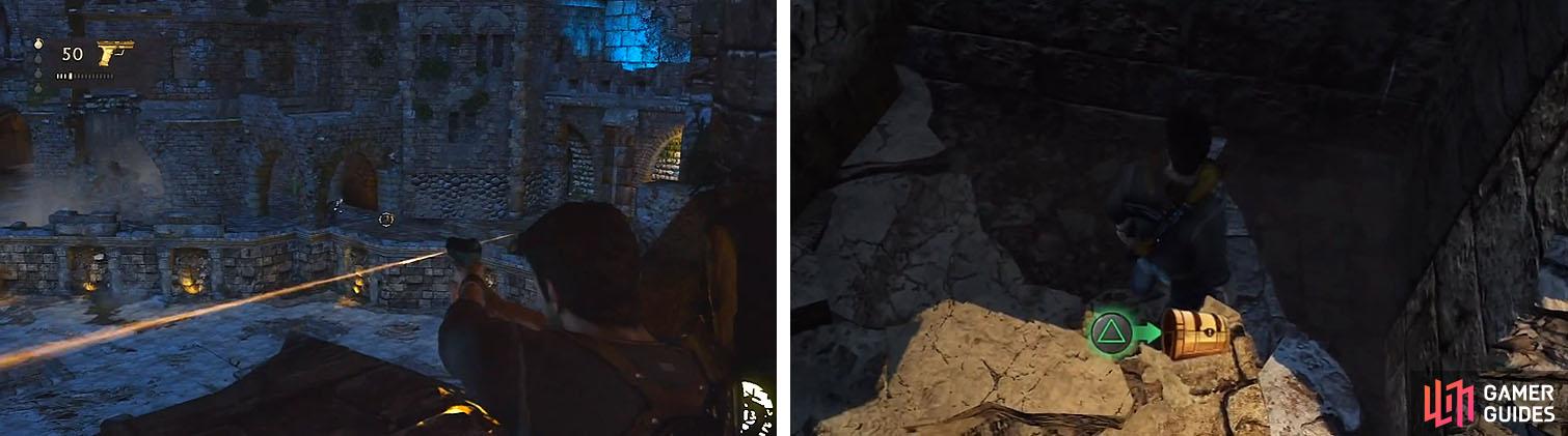 Take out Talbot’s men (left) and then get the treasure inside the broken wall (right).