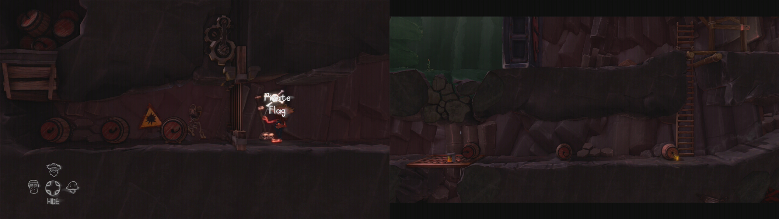 Pull the three pirate flags (left). Position the powder kegs as such (right), place the can of corn from the right hand beach of the island next to one of them before detonating for an achievement/trophy.