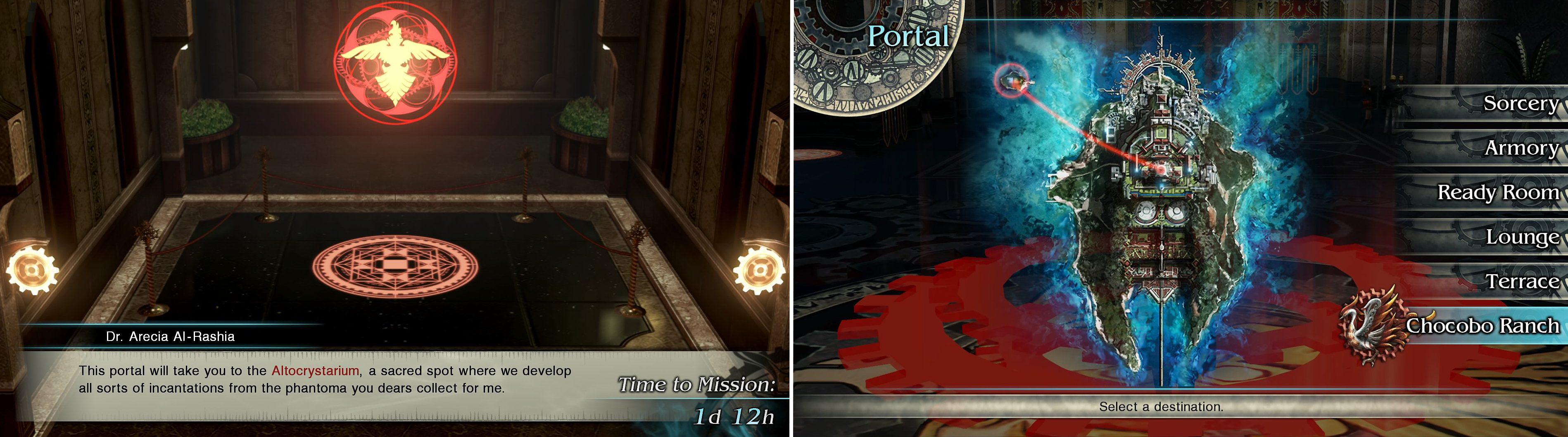 Look out for the red portals around Akademeia that are used as transports to other places (left). The main hub in the central hall is where you can access most of the facilities (right).