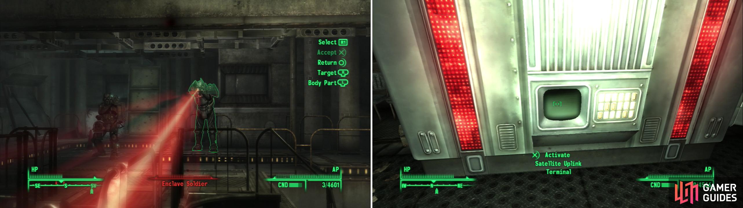 Fight your way through the Enclave defenders (left) and find the data you’re looking for on the Satellite Uplink Terminal (right).