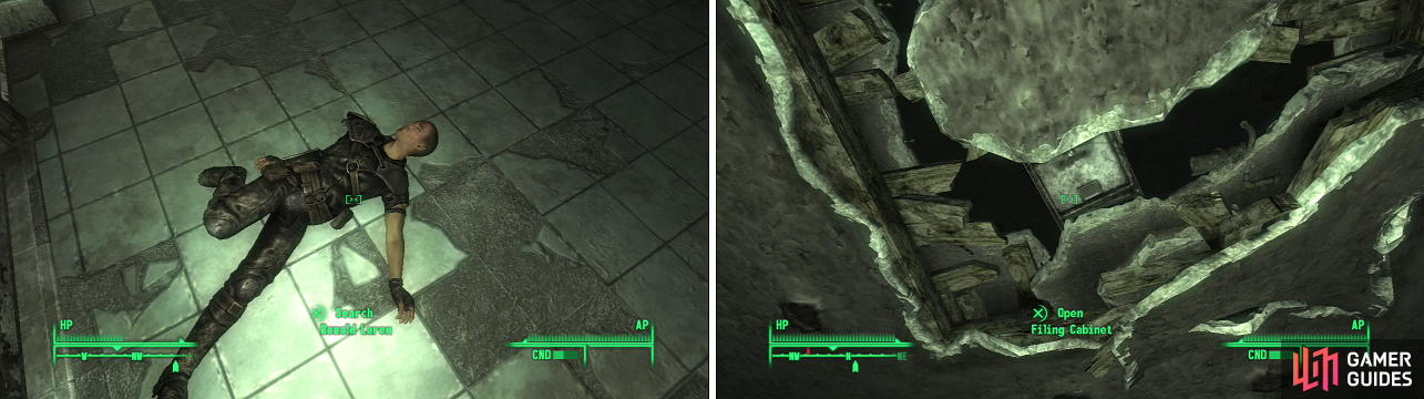 Even if he survives the journey, Ronald Laren won’t make it out of the Nuka-Cola Plant alive (left). A Chinese Army: Spec. Ops. Training Manual can be found in this filing cabinet (right), peeking through a hole in the ceiling.