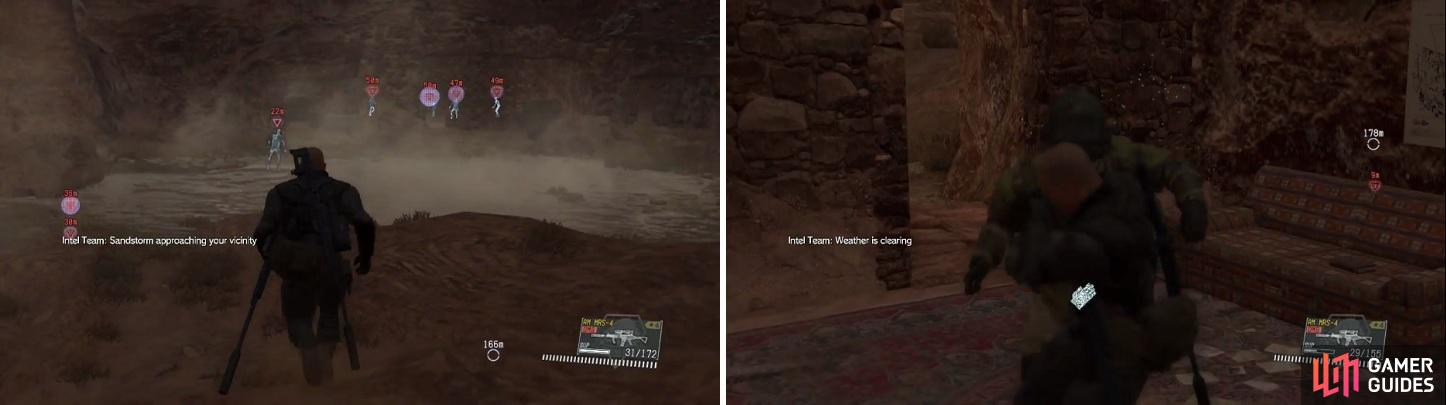 You can find the puppets in the cave portion of Smasei Fort for Side Op 138 (left). Using a CQC throw is one way to knock out the ones wearing riot suits (right).