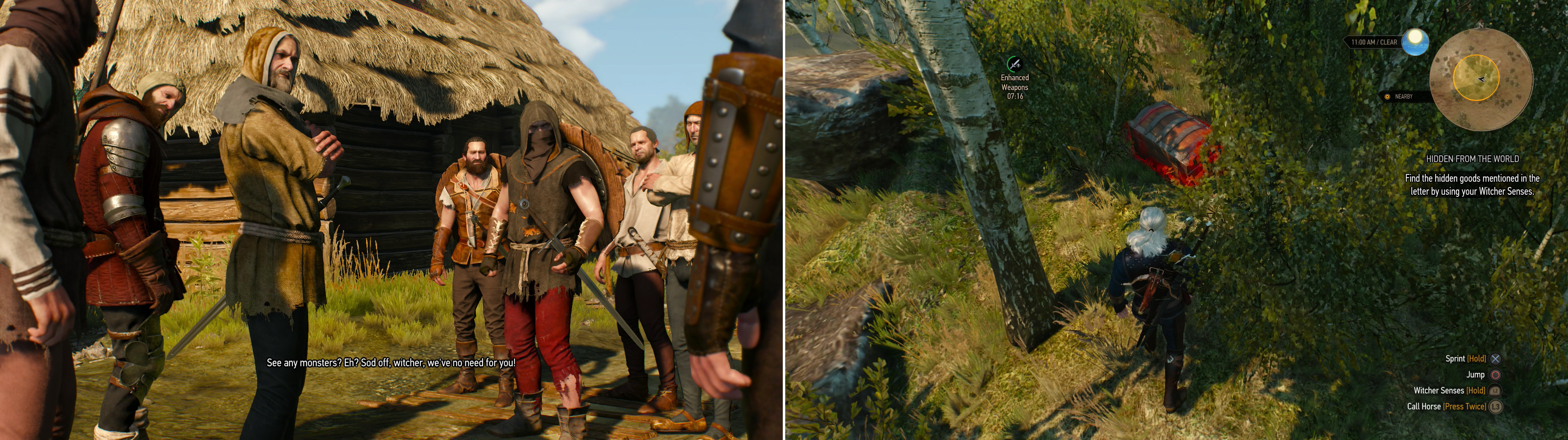 Encounter some Bandits looting a sacked town (left) and track down a Hidden Treasure (right).