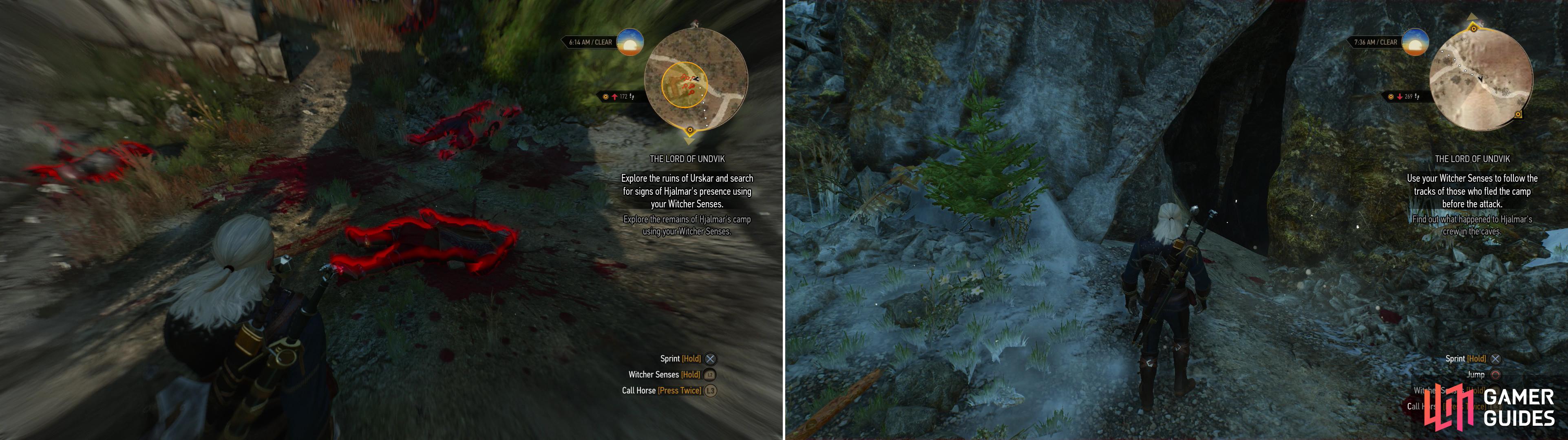 Your first encounter with Hjalmar’s expedition does not inspire much hope (left). Follow the signs of battle into a nearby cave (right).