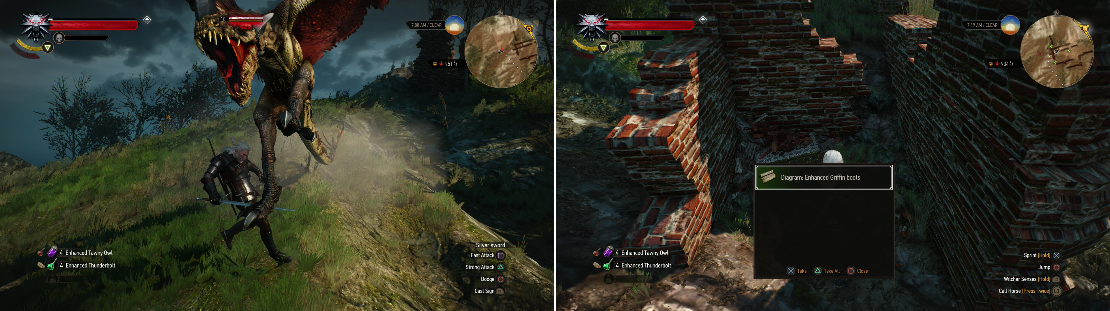 Avoid the Forktail’s fangs and talons (left) then loot the ruins it guarded to obtain the Diagram: Enhanced Griffin Boot (right).