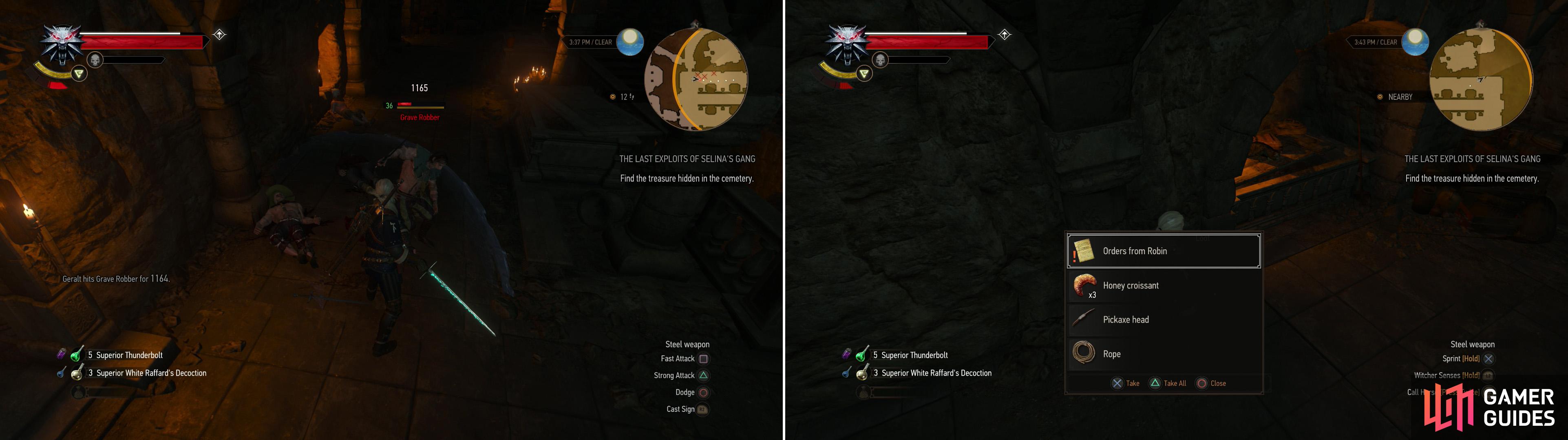 Kill the bandits in the crypt (left) then search some sacks to find some “Orders from Robin” (right).