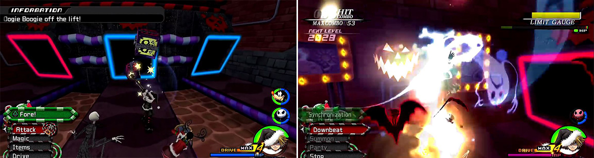 Hit the presents (left) while avoiding attacks from Oogie Boogie. Using the Limit (right) when Oogie Boogie reappears will make short work of him.