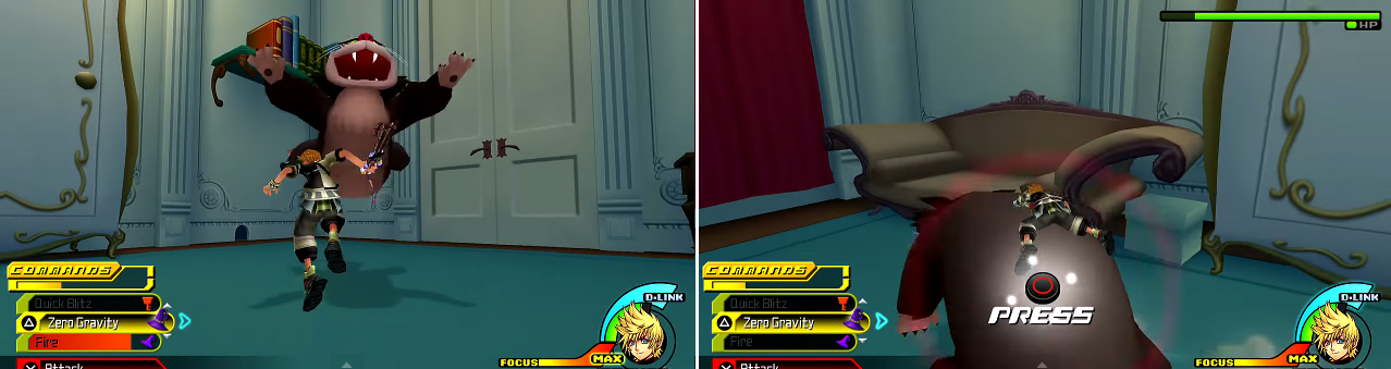 Lucifer will leap on top of the furniture and then pounce on you (left). At this point, dive on his back and execute the buttons shown (right) to deal massive damage.