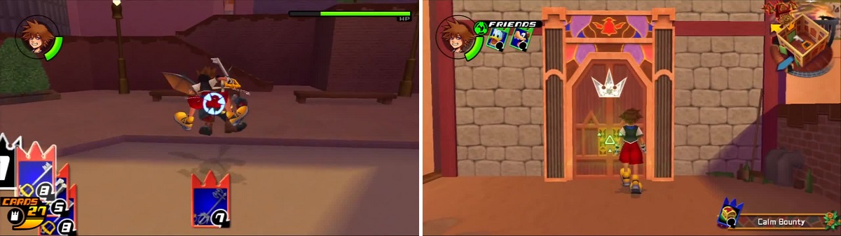 Sora fights off an Air Soldier (left) to level up a bit before going to the Room of Beginnings (right).