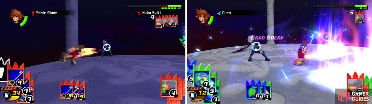 Riku gets hit with Sonic Blade over and over (left) but gets a lucky hit on Sora (right).