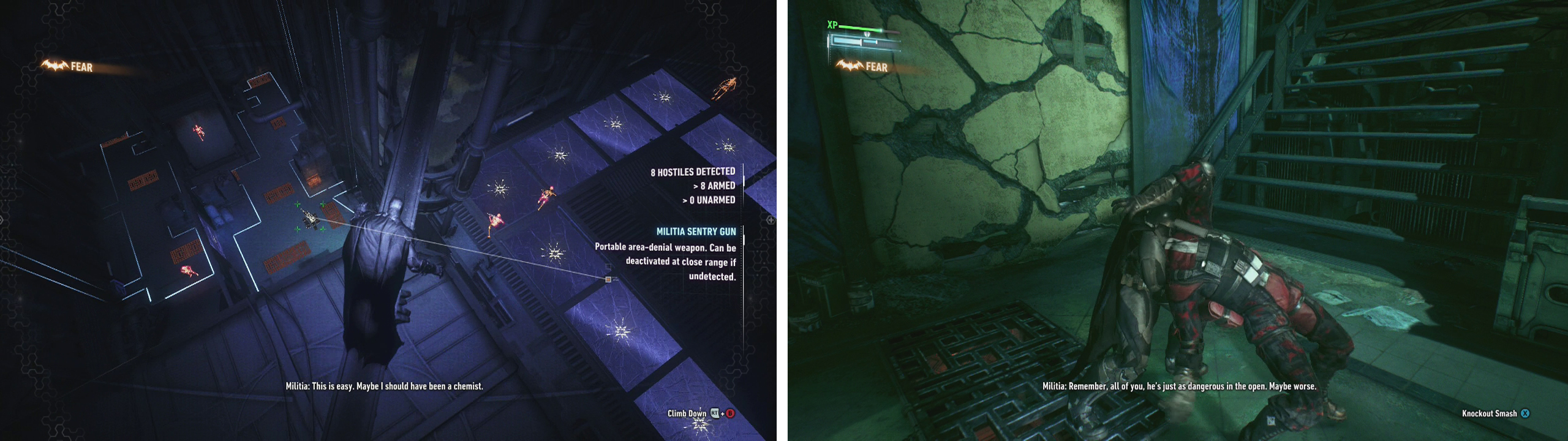 Use the girders at the top of the room to plan your attack (left). Pick off isolated targets silently to stay undetected (right).