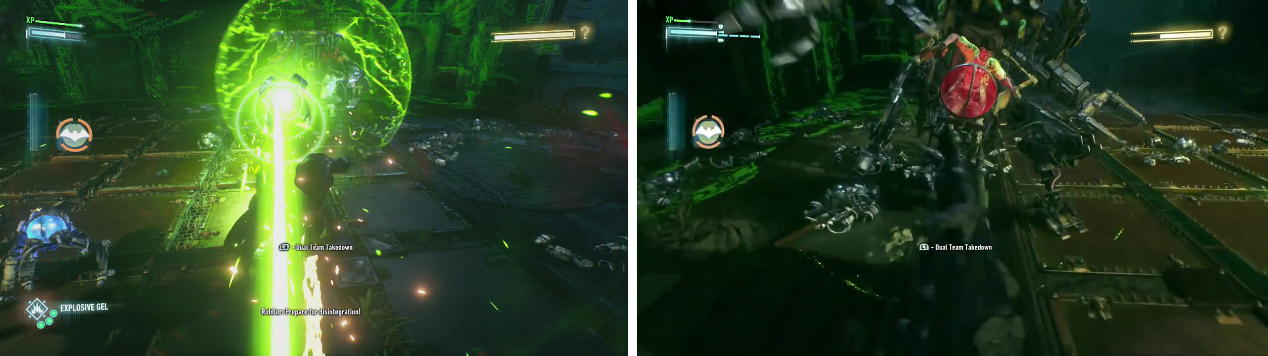 You’ll want to dodge the death lasers (left). Approach and attack the boss when the shield goes down (right).