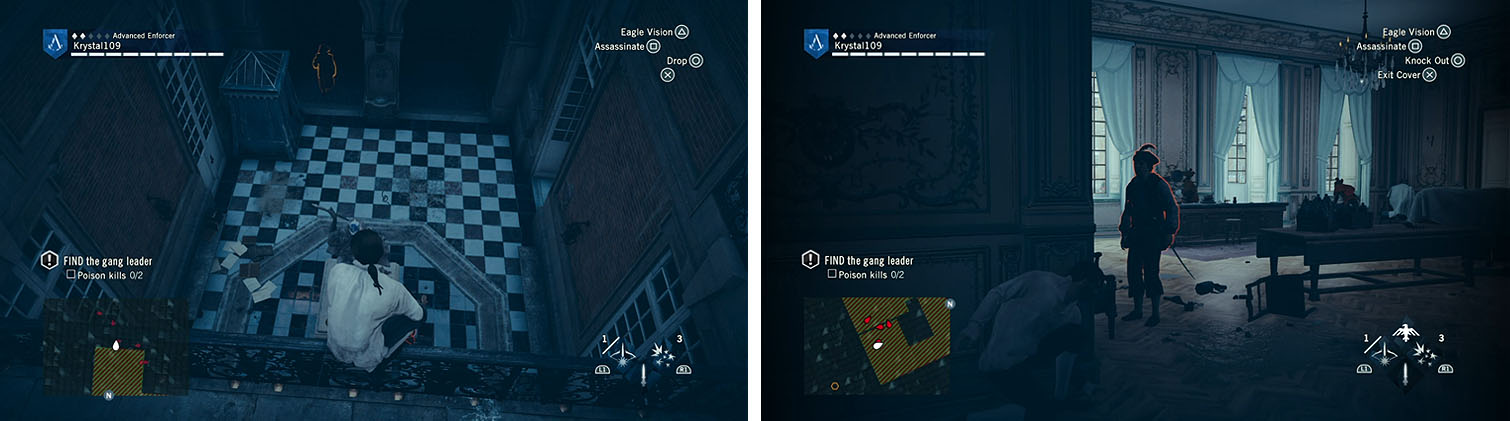 Wait for the Defender to walk away before you air assassinate the guard (left). Inside, wait for the patrol to come close and kill him (right).