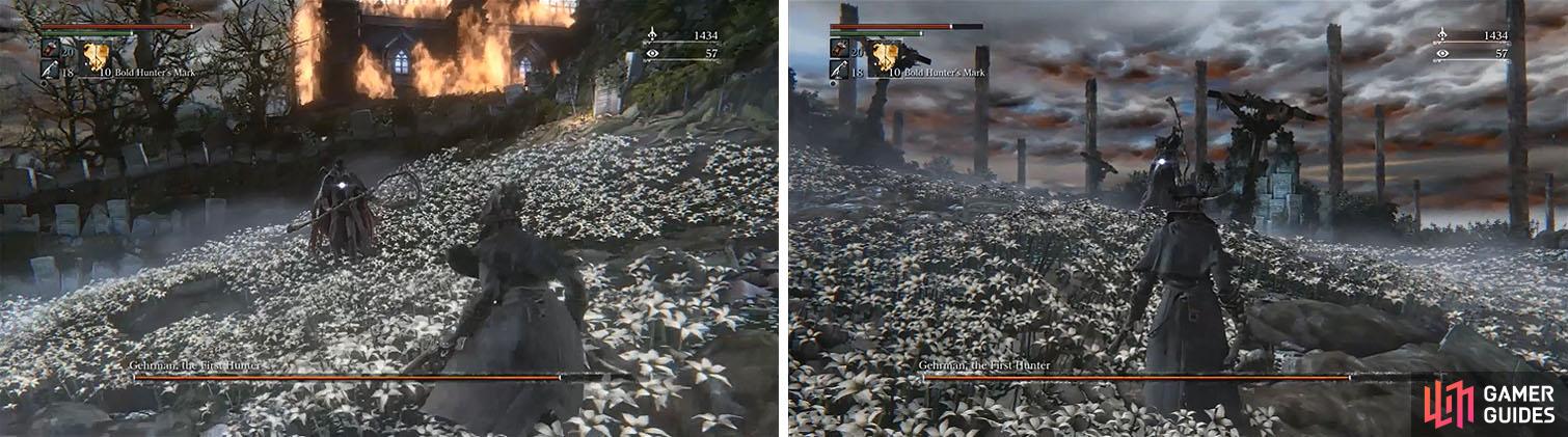 Keep your distance to avoid Gehrman’s attack, which have extremely long range (left). When he finally uses his Scythe Charge wait until the last second to fire your weapon (right).