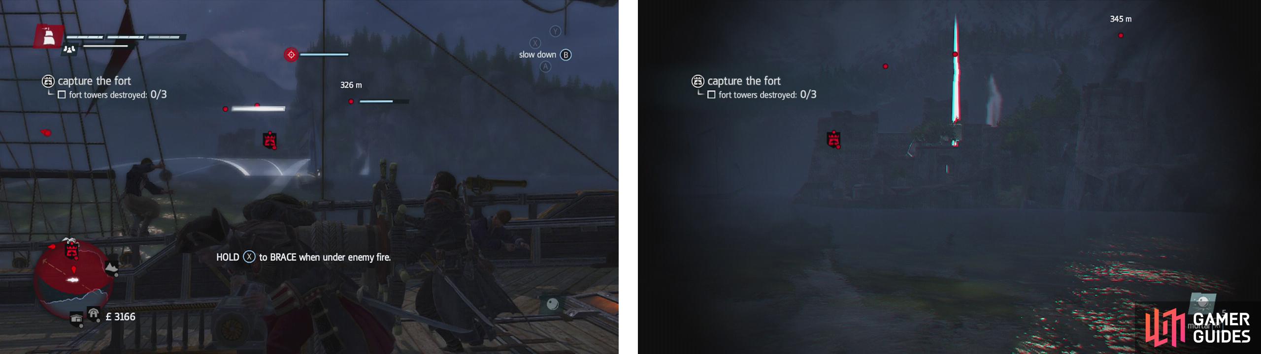 When you attack the fort (left) remember to brace if you can’t avoid an attack and use mortars from a distance (right) to great effect.