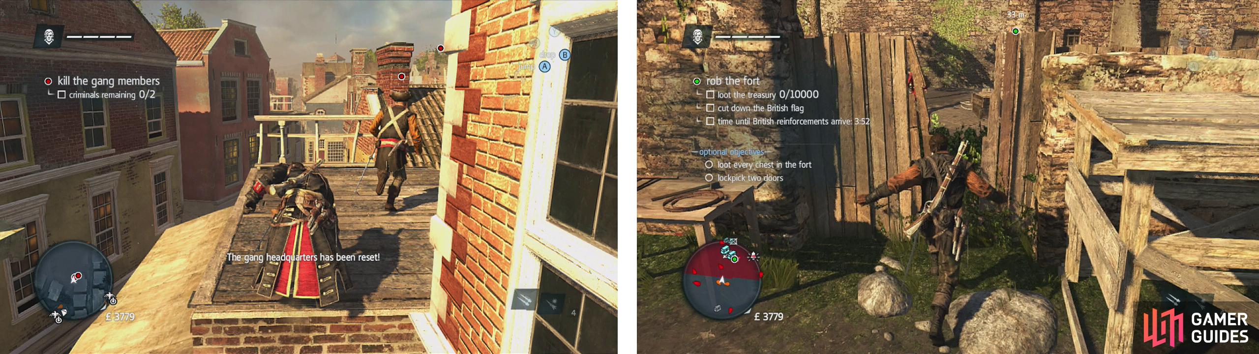 Kill both fleeing targets (left) for a disguise to let us enter the fort (right).