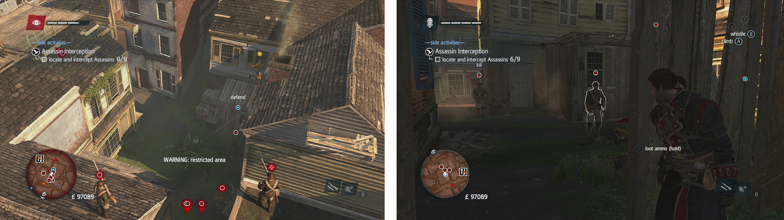 Once you reach the search area you’ll be attacked (left). Once you kill all the ground based enemies, hide inside (right) to draw the snipers down.