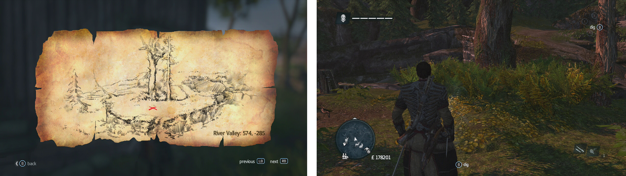 Go to the co-ordinates on the map (left) and find the location drawn (right) to find a dig spot.