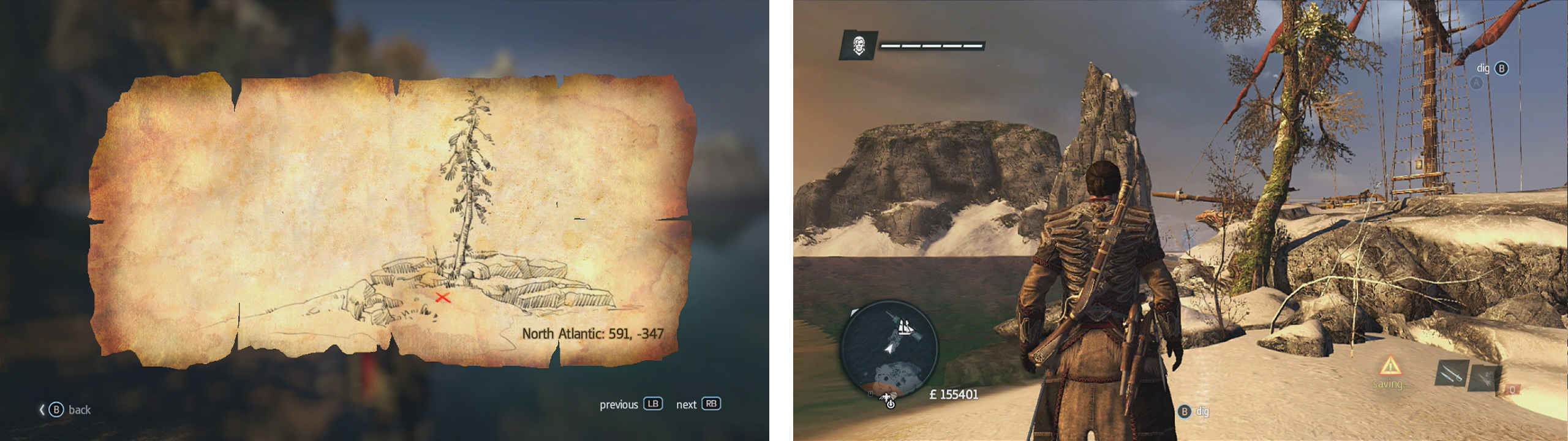 Go to the co-ordinates on the map (left) and find the location drawn (right) to find a dig spot.