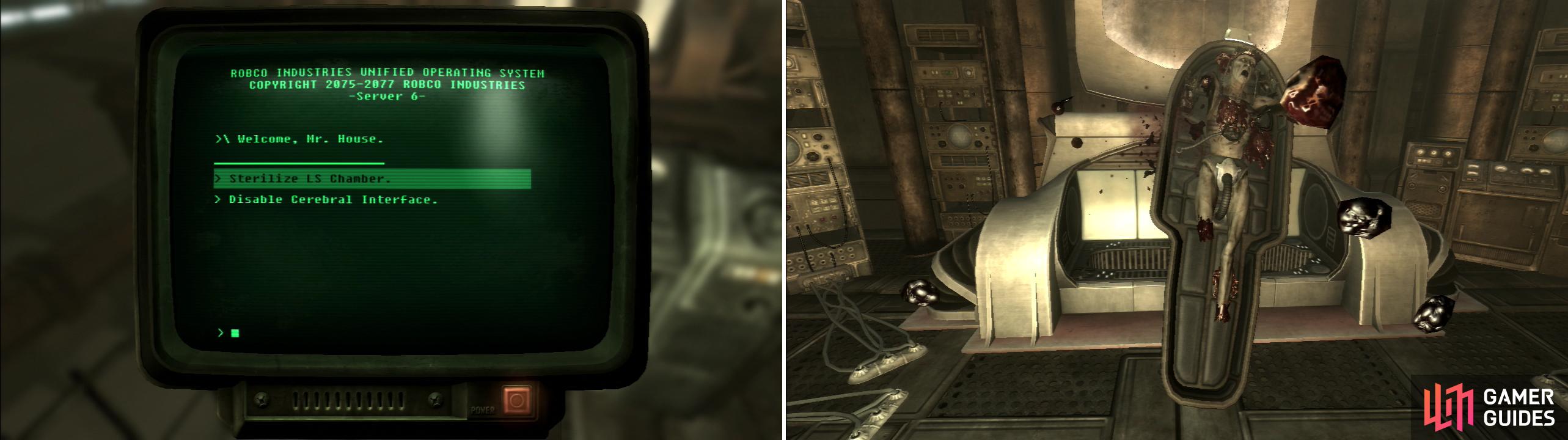 When you reach the Control Room, you can - after chatting with Mr. House - choose to sterilize his life support chamber (left). Of course, doing this while Mr. House is still hooked up to it will… have some rather disgusting consequences (right).