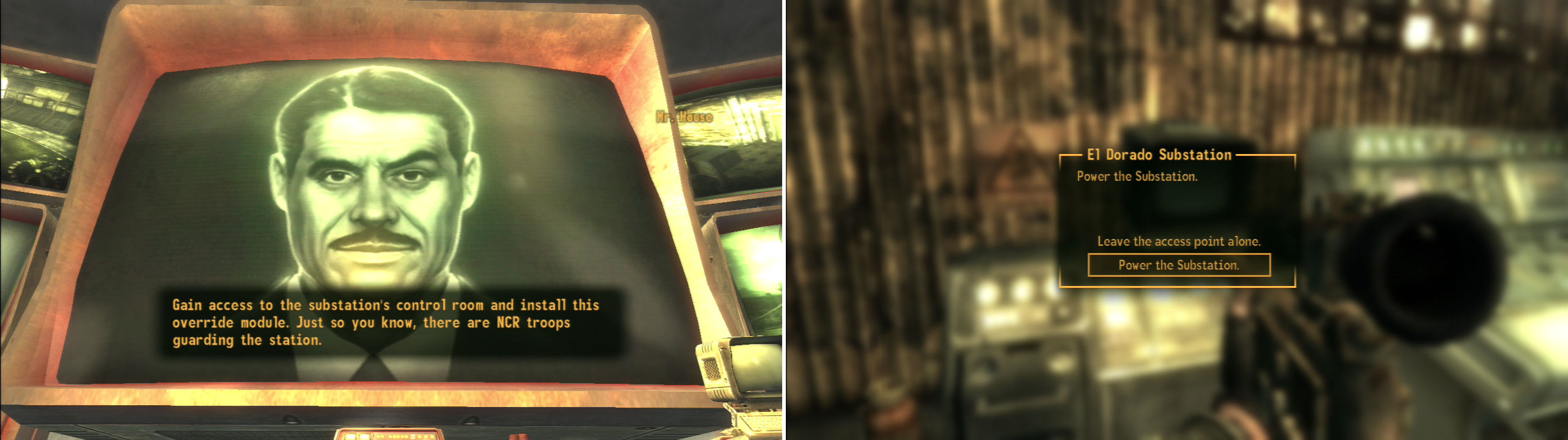 Return to Mr. House after rescuing the President and he’ll give you your next task (left). Sneak into the El Dorado Substation and use Mr. House’s Override Chip to jumpstart the Lucky 38’s reactor (right).