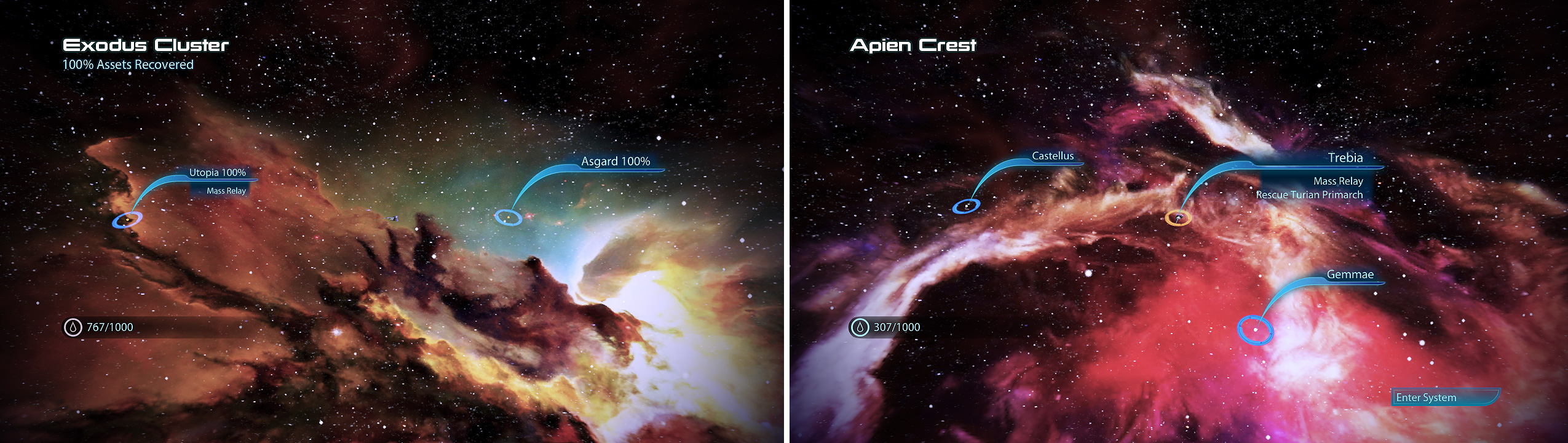 The Exodus Cluster holds many handy War Assets and other interesting things (left). The Apien Crest holds a mission and a few other side mission items (right).