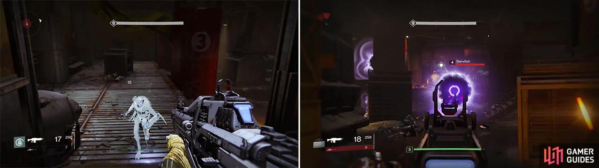 Stealth Vandals (left) are fast and very powerful. They are hard to see because of their cloak. Servitors (right) can heal nearby Fallen but their weak spot is the eye in the middle.