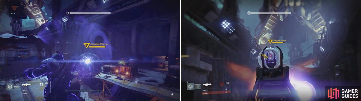 Once Sepiks Prime’s shields are down, unleash with Specials (left). As with all Servitors, shooting the eye offers critical damage (right).