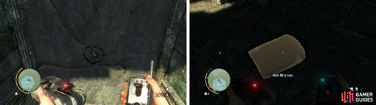 Blow up the wall (left), then go across the bridge and you’ll find the tablet behind the ladder.