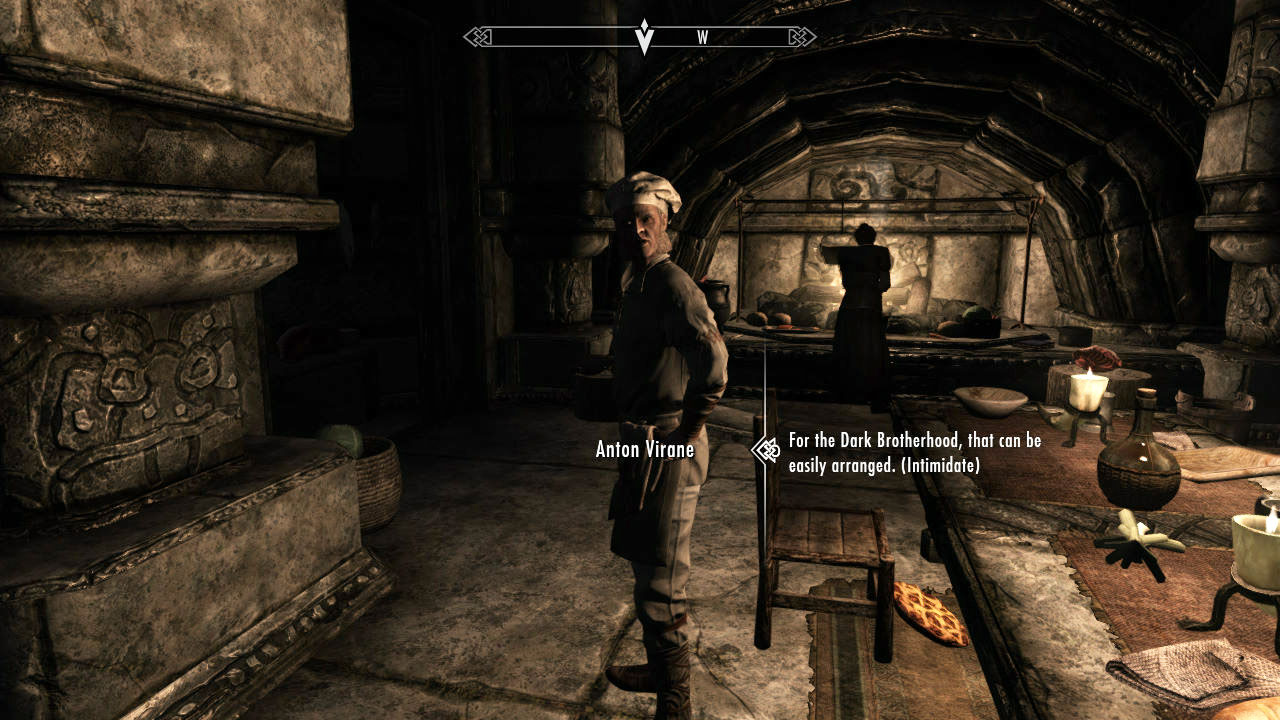 Anton lives in Markarth, so let’s go fast travel there. Head to the back of the town and enter Understone Keep. Anton is the cook here and is up the path a ways and to the left (in the kitchen). Now, he has full time help with a young man for the day and during the evenings a maid will hang about, but if you wait until nighttime everyone will be in bed.