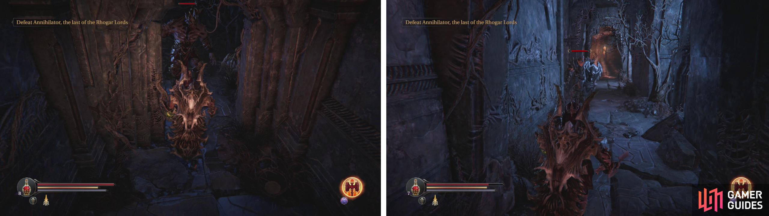 Watch out for the Tyrant just inside the door on the left hand balcony with the Forger (left). Once he is dead, proceed down the hallway behind and kill the Knights (right).