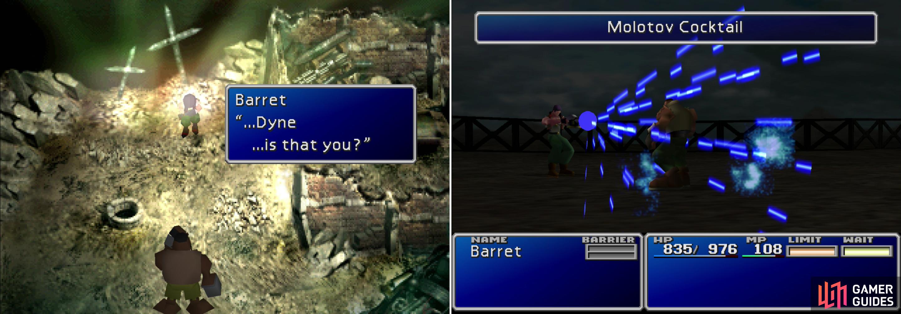 Chase down the boss of Corel Prison, who happens to be a figure from Barret’s past (left). Dyne has few attacks, but he will start taking double turns when he’s injured (right).